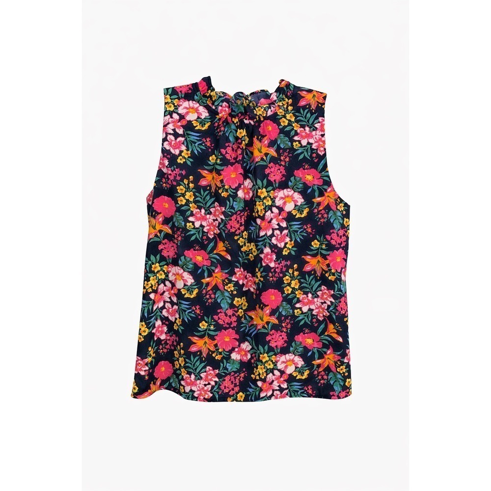 J.Crew Navy Floral Ruffle Neck Blouse Small Sleeveless Preppy Workwear Fall